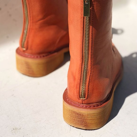 NEW Cognac Orange Laced Up Zipper Back Wooden Heel Mid Calf Ankle Combat Boots - Picture 8 of 13